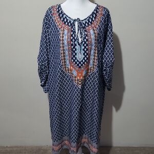 SHEIN Curve Plus Size 4XL Bohemian Tribal Print Midi Dress Tie-Neck